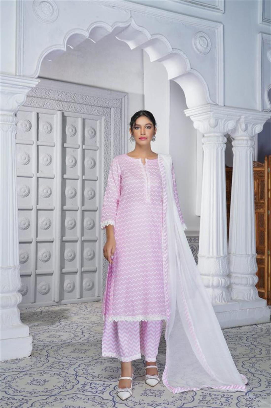 Pink Chiffon 3 Piece Suit with Thread Embroidery & Crochet Lace