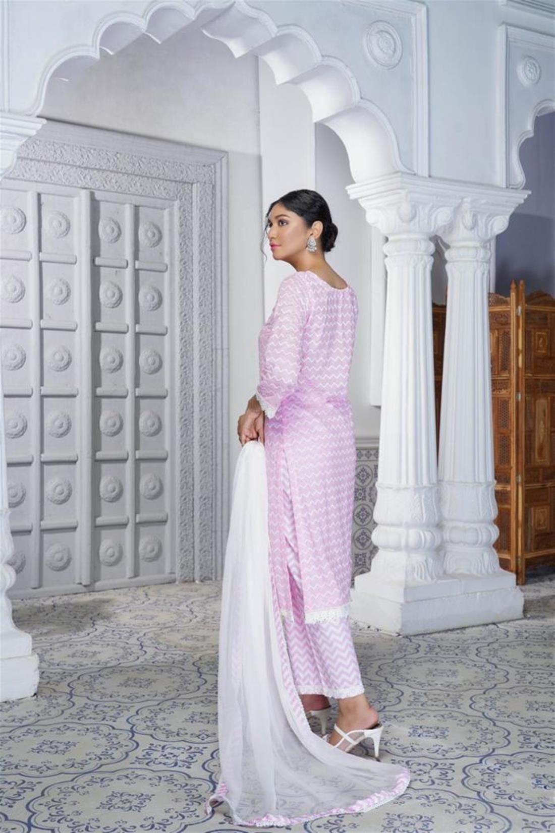 Pink Chiffon 3 Piece Suit with Thread Embroidery & Crochet Lace
