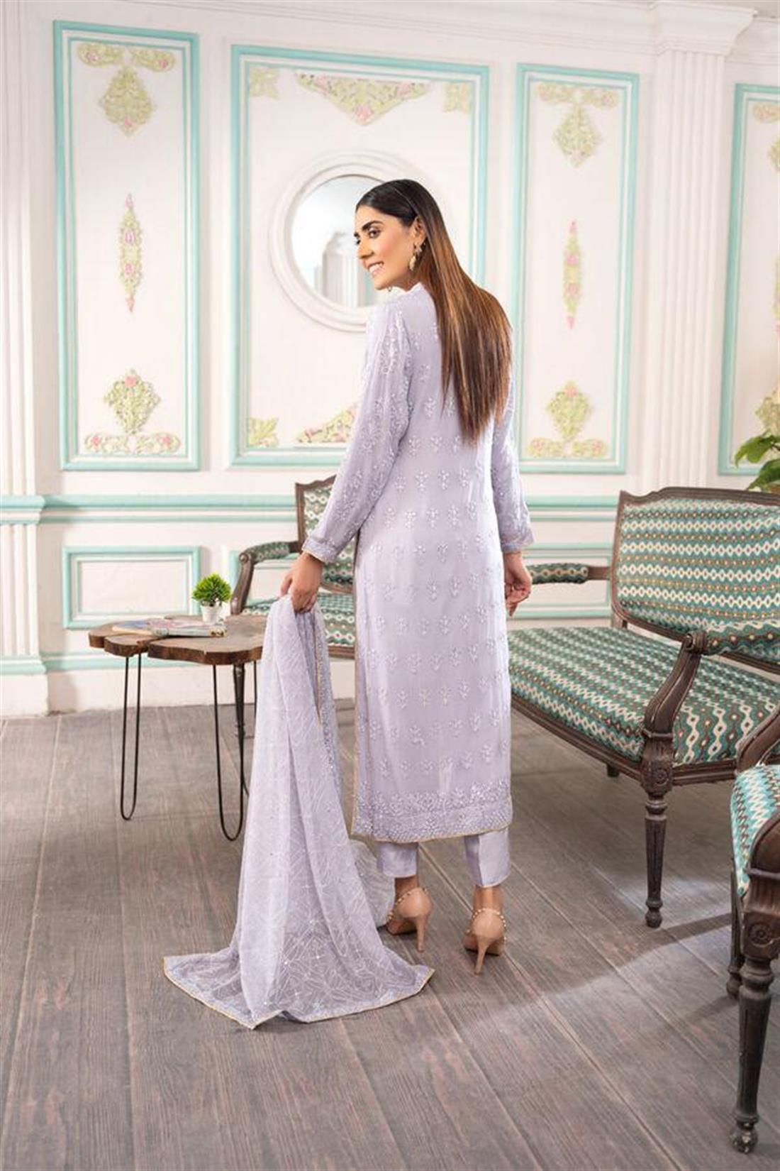 Lilac Raw Silk 3 Piece Embroidered Chiffon Salwar Kameez