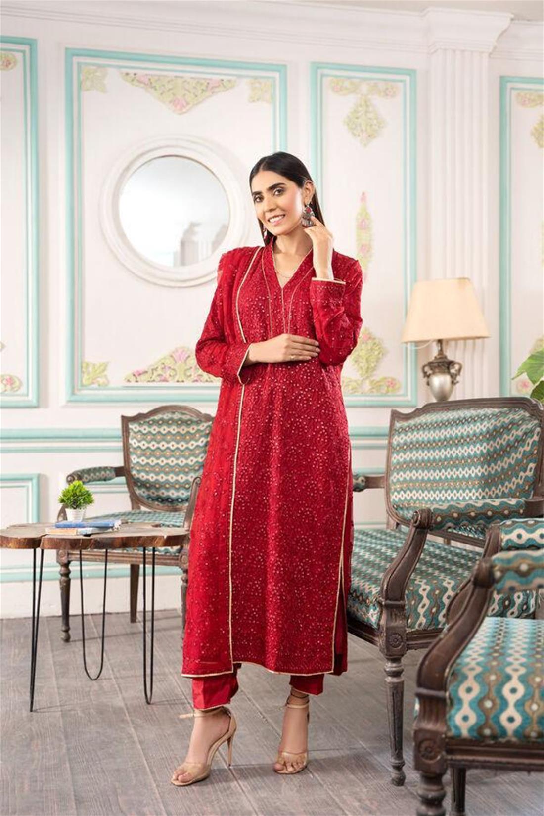 Maroon Raw Silk 3 Piece Chiffon Heavy Embroidered Salwar Suit