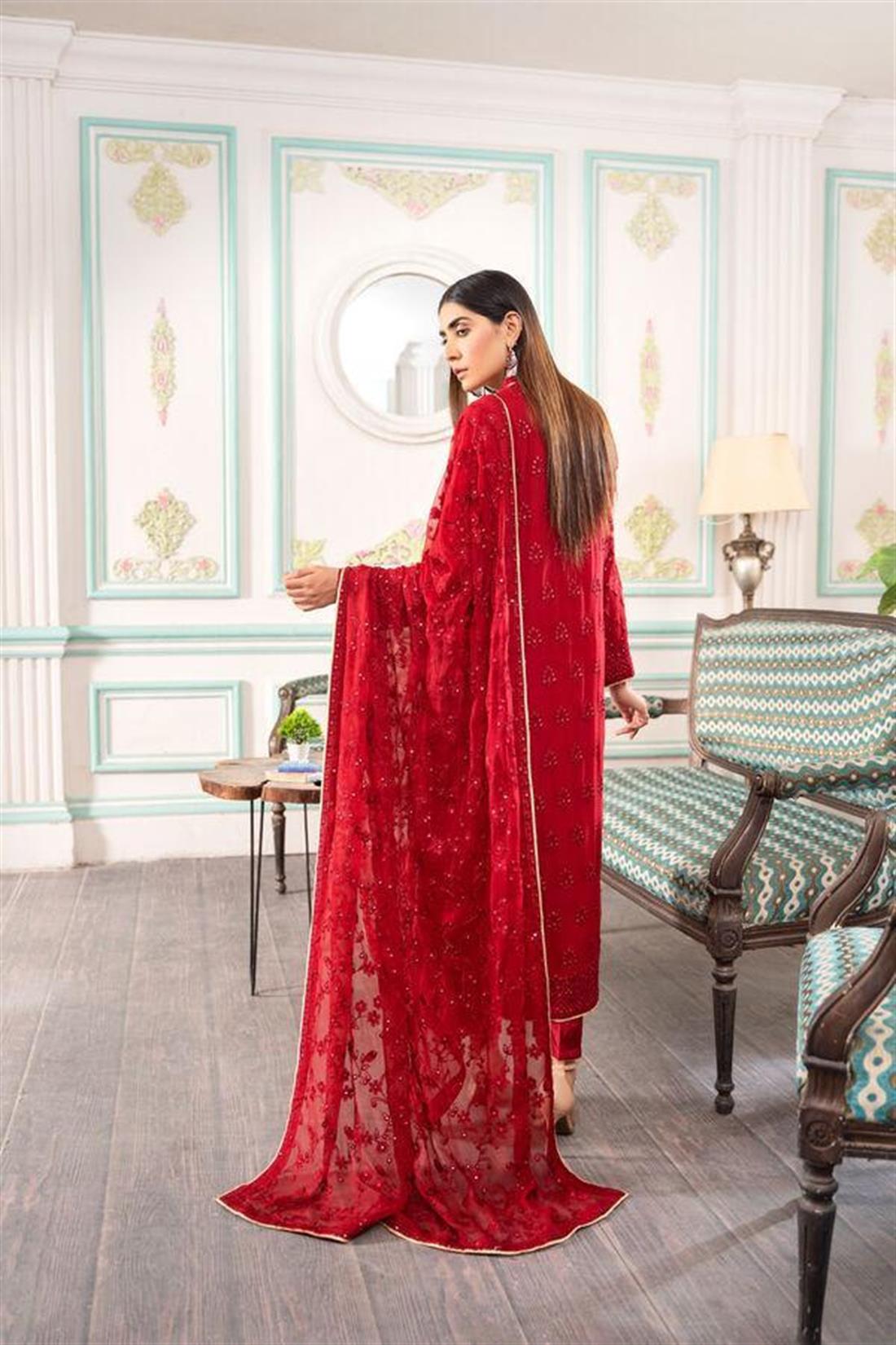 Maroon Raw Silk 3 Piece Chiffon Heavy Embroidered Salwar Suit