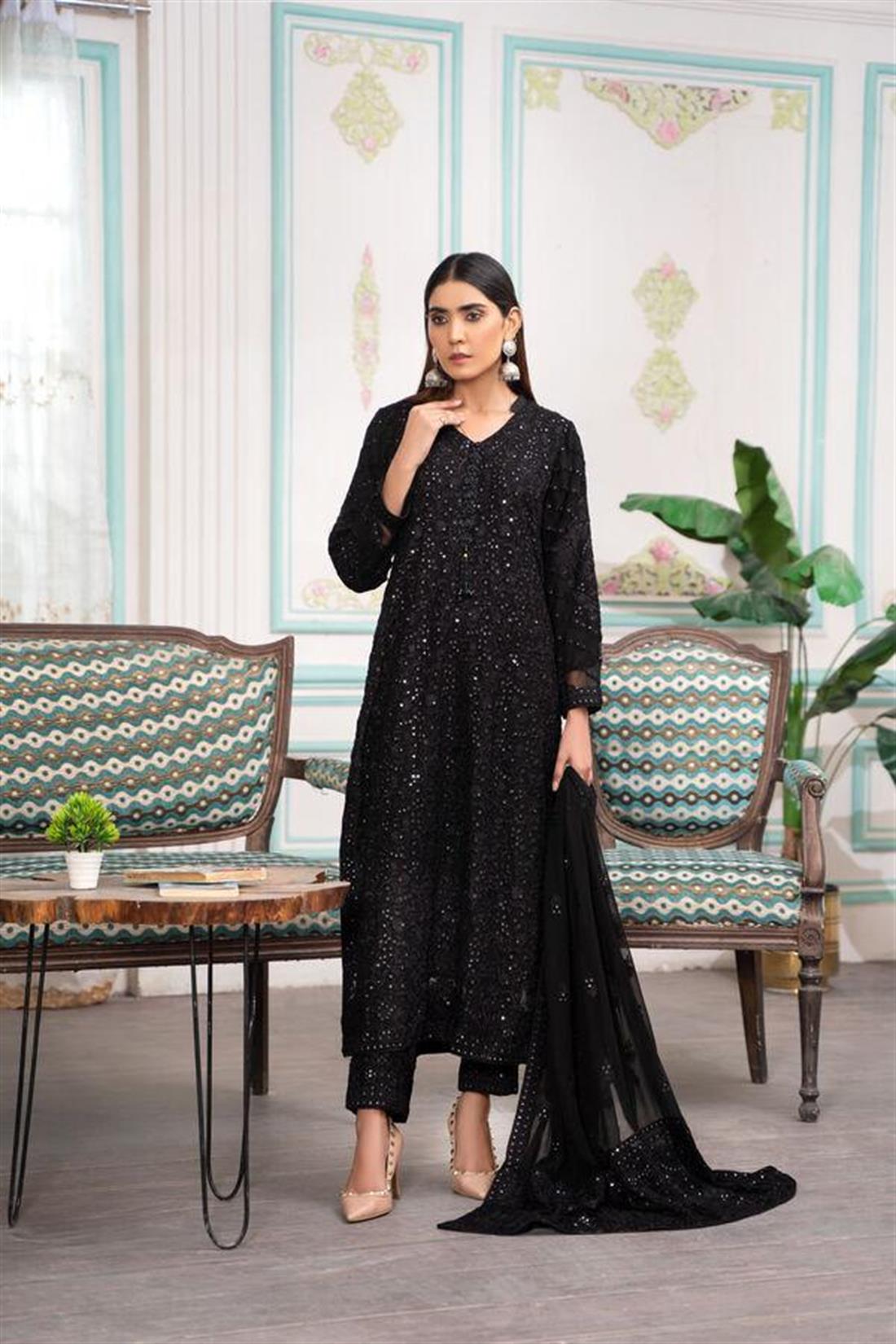 Black Raw Silk 3 Piece Heavy Embroidered Chiffon Salwar Suit