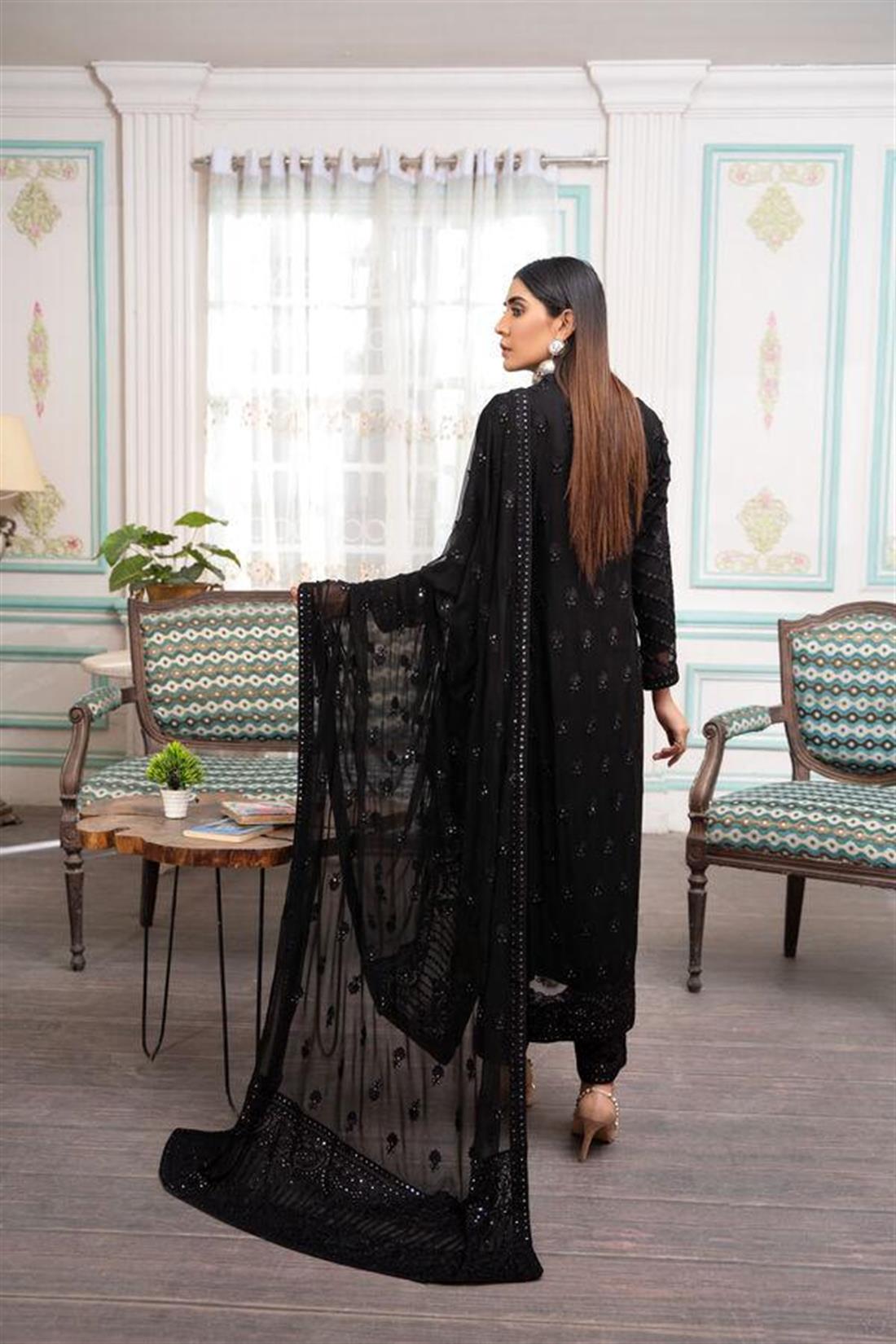 Black Raw Silk 3 Piece Heavy Embroidered Chiffon Salwar Suit