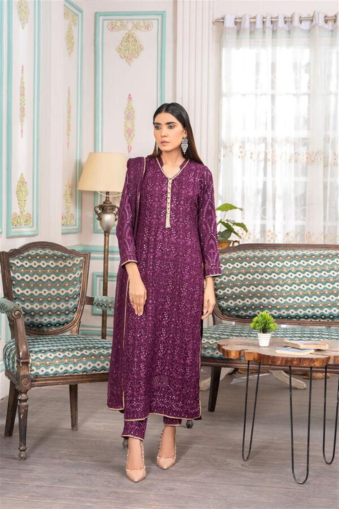 Purple Embroidered Raw Silk Chiffon Salwar Kameez with Heavy Dupatta