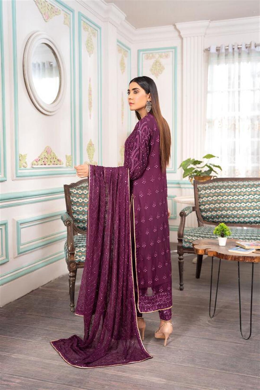 Purple Embroidered Raw Silk Chiffon Salwar Kameez with Heavy Dupatta