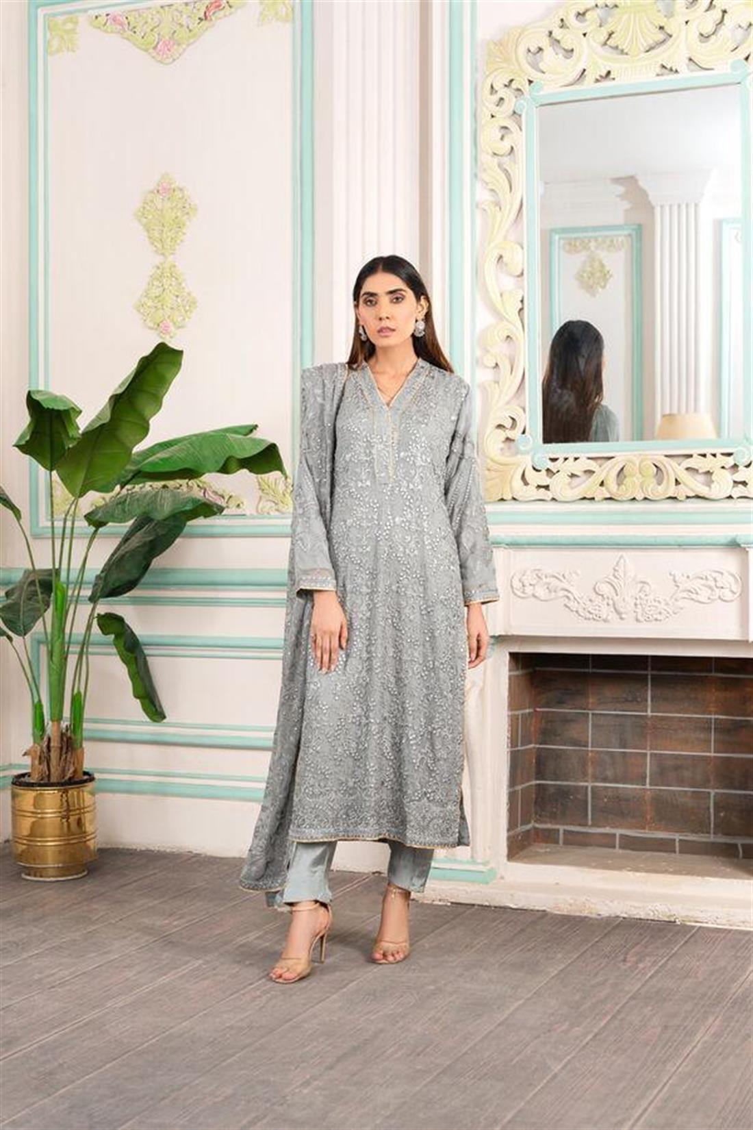 Dark Grey Raw Silk Embroidered Salwar Suit with Dupatta