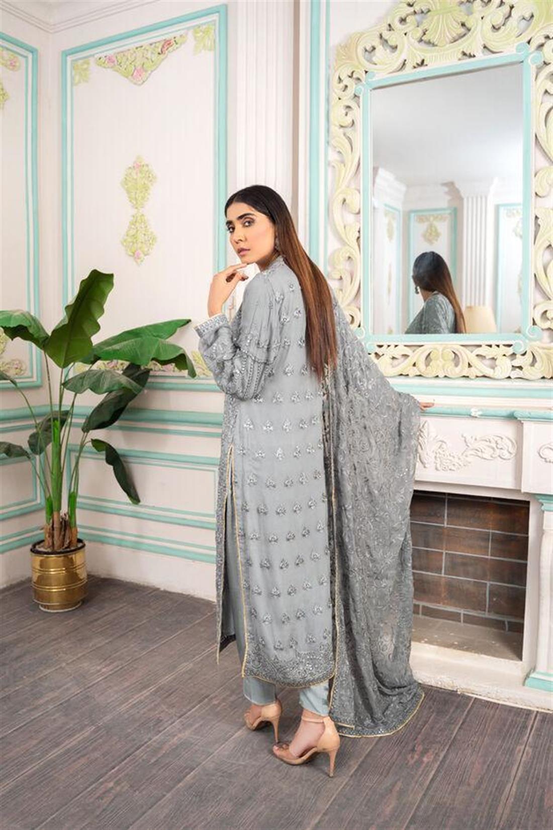 Dark Grey Raw Silk Embroidered Salwar Suit with Dupatta