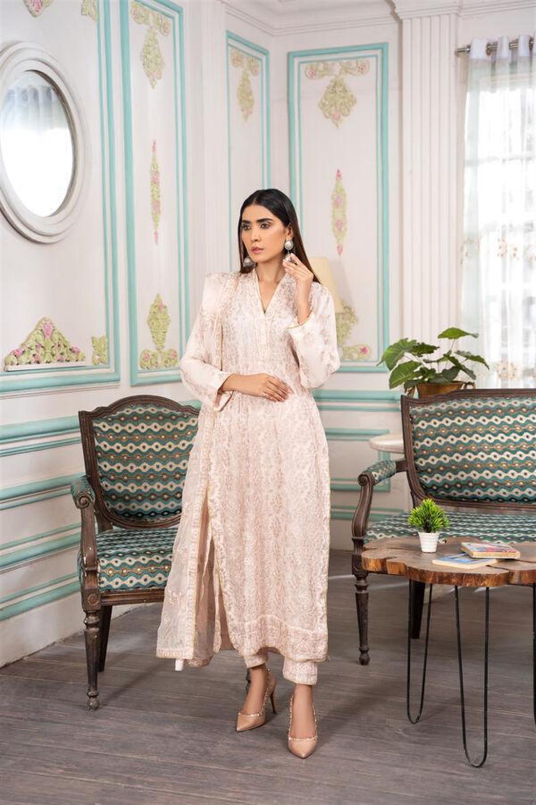 Light Pink Raw Silk 3 Piece Chiffon Embroidered Suit with Dupatta