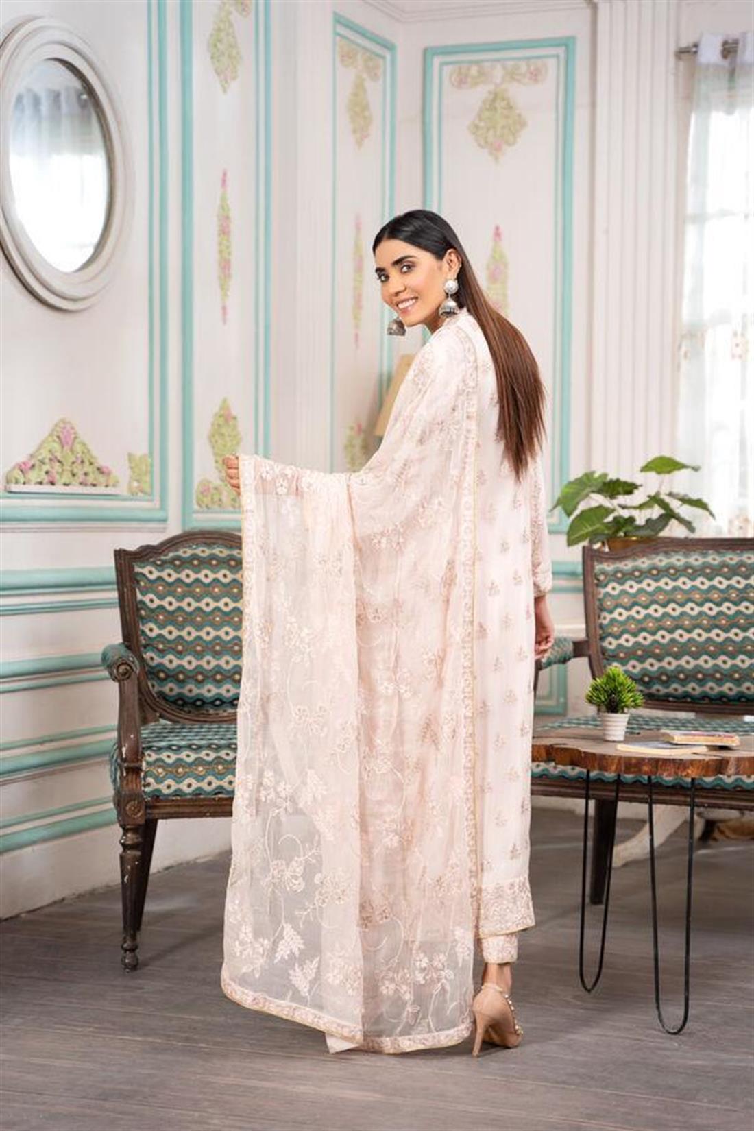 Light Pink Raw Silk 3 Piece Chiffon Embroidered Suit with Dupatta