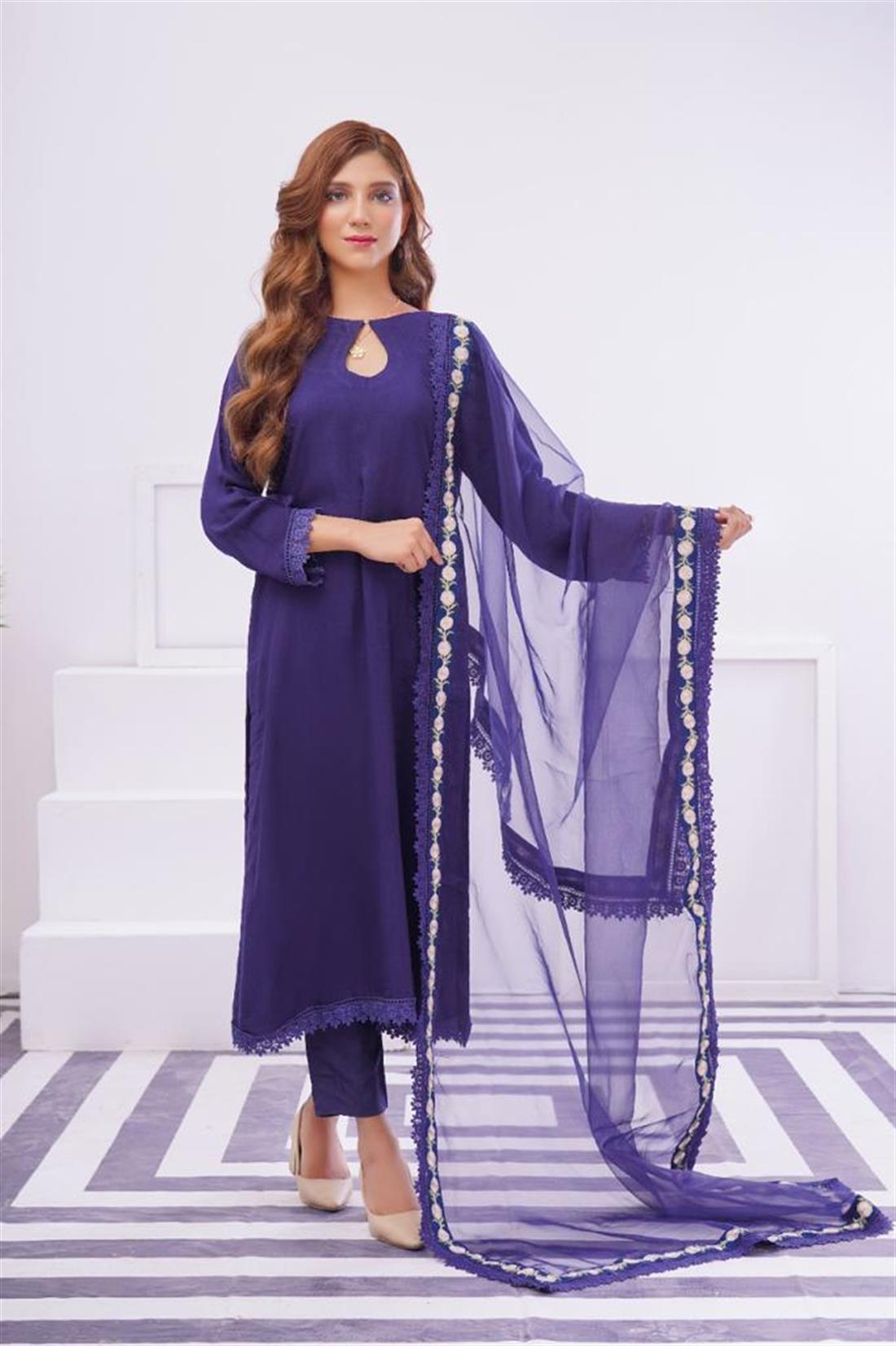 Navy Blue Raw Silk Cotton Kameez with Trouser & Organza Dupatta