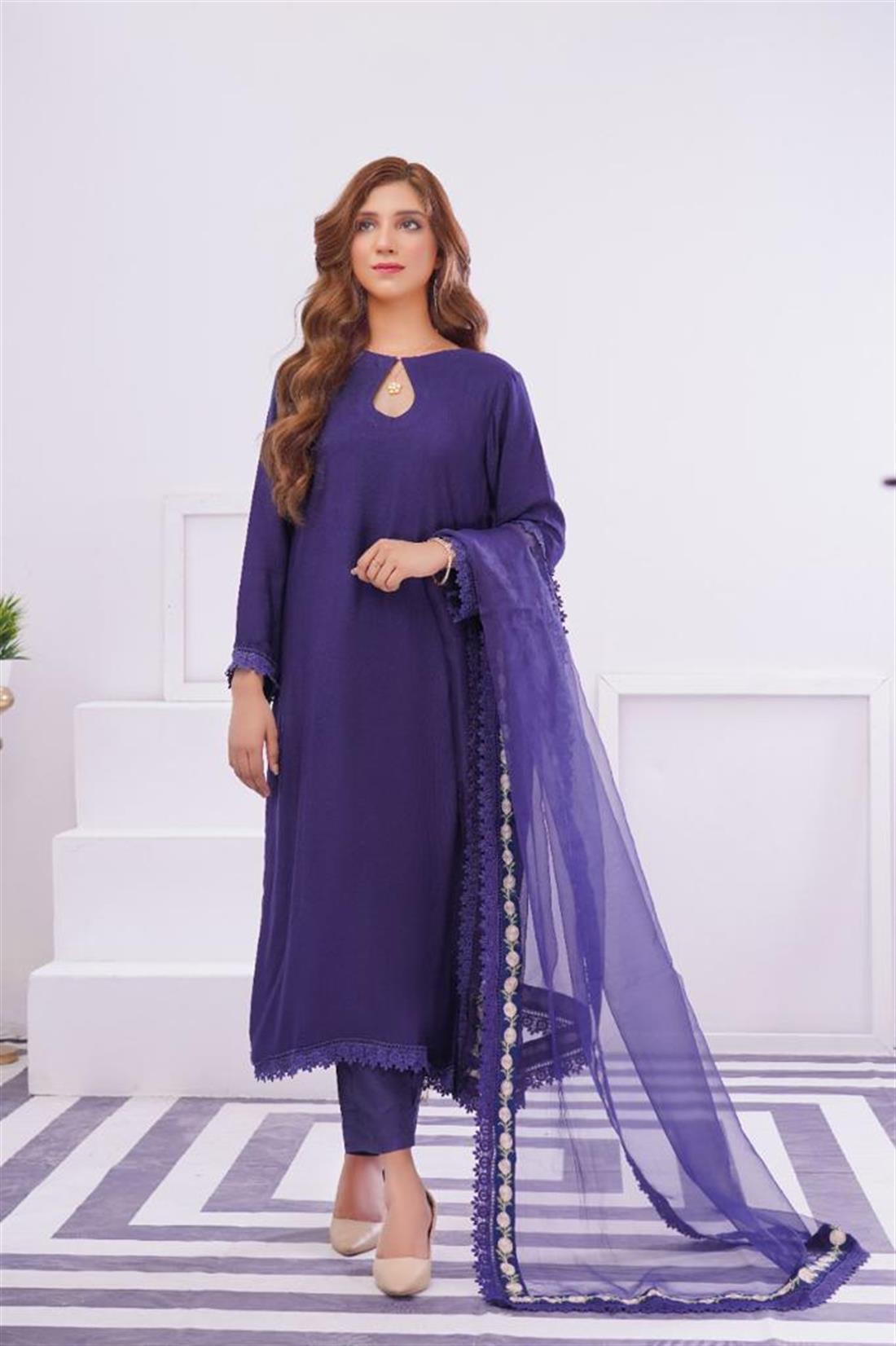Navy Blue Raw Silk Cotton Kameez with Trouser & Organza Dupatta