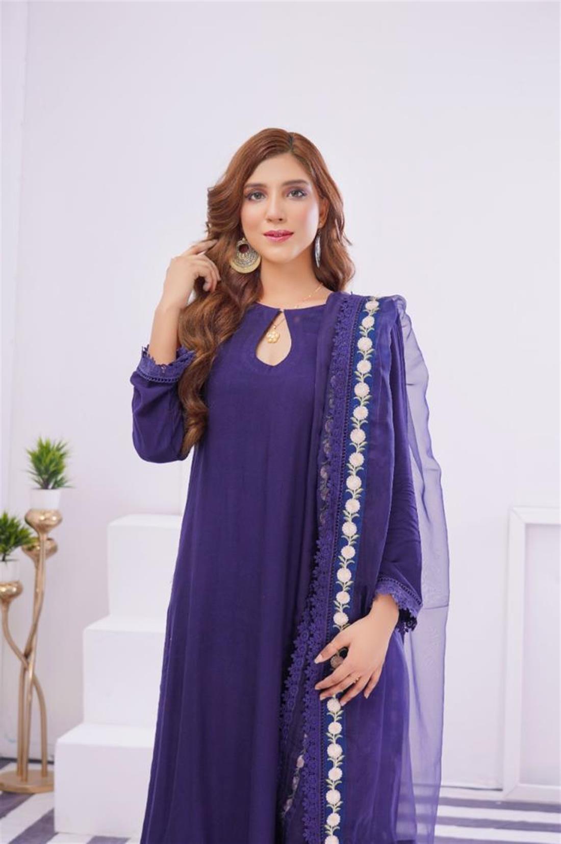 Navy Blue Raw Silk Cotton Kameez with Trouser & Organza Dupatta