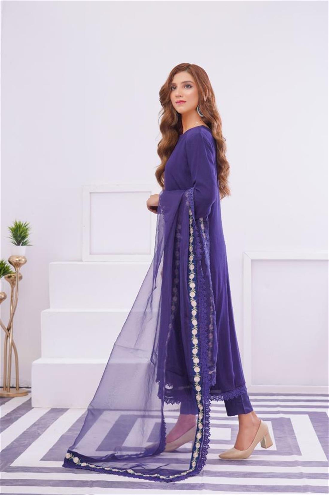 Navy Blue Raw Silk Cotton Kameez with Trouser & Organza Dupatta