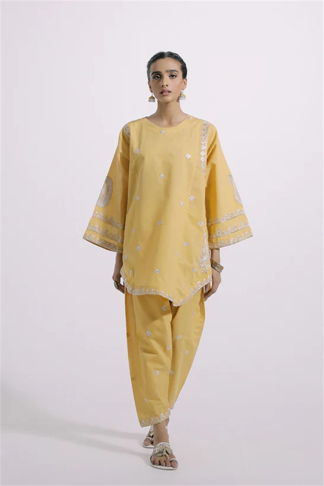 Lemon Yellow Embroidered Cotton Ethnic Designer Ladies Ready to Wear Suits