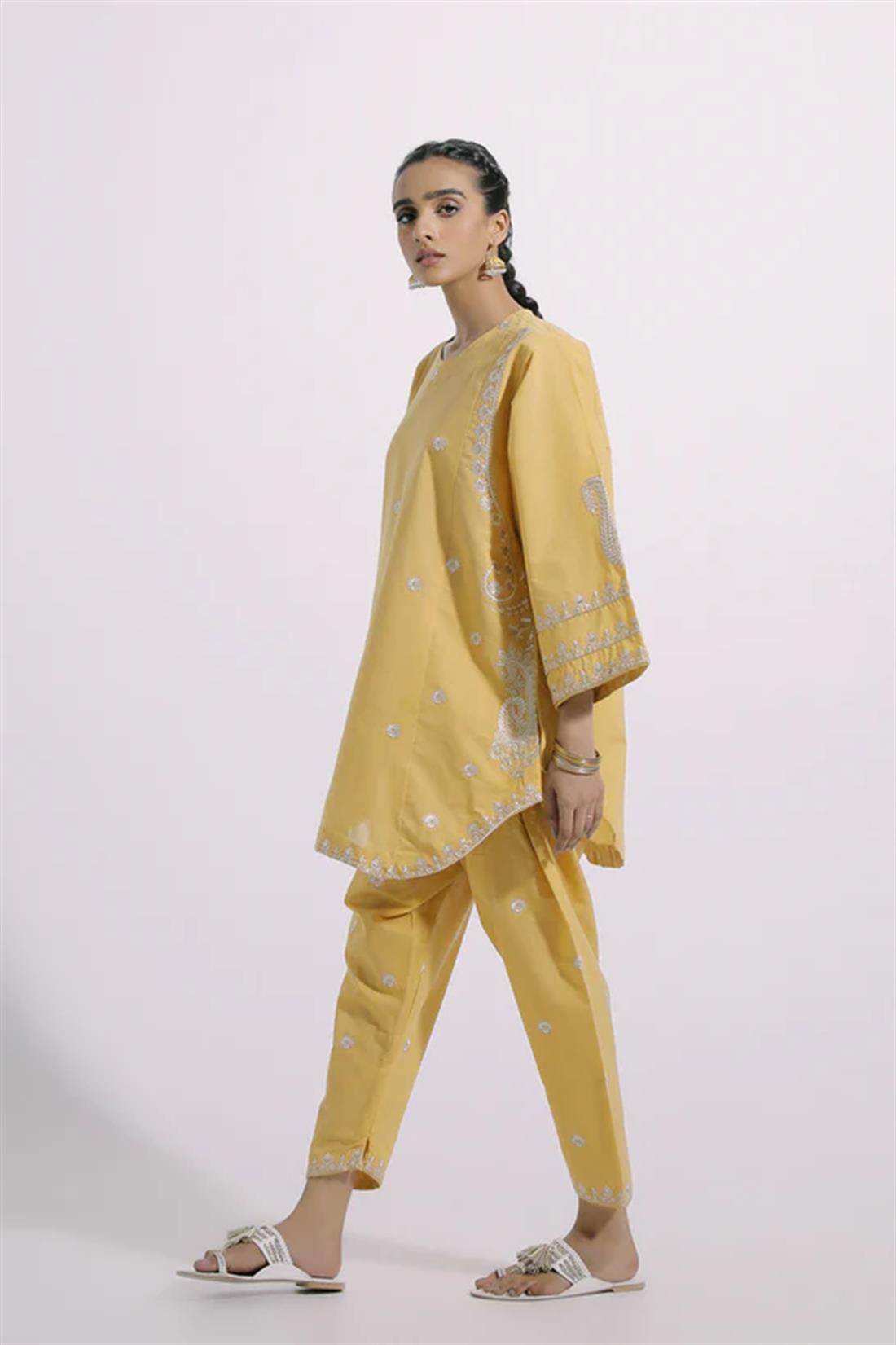 Lemon Yellow Embroidered Cotton Ethnic Designer Ladies Ready to Wear Suits