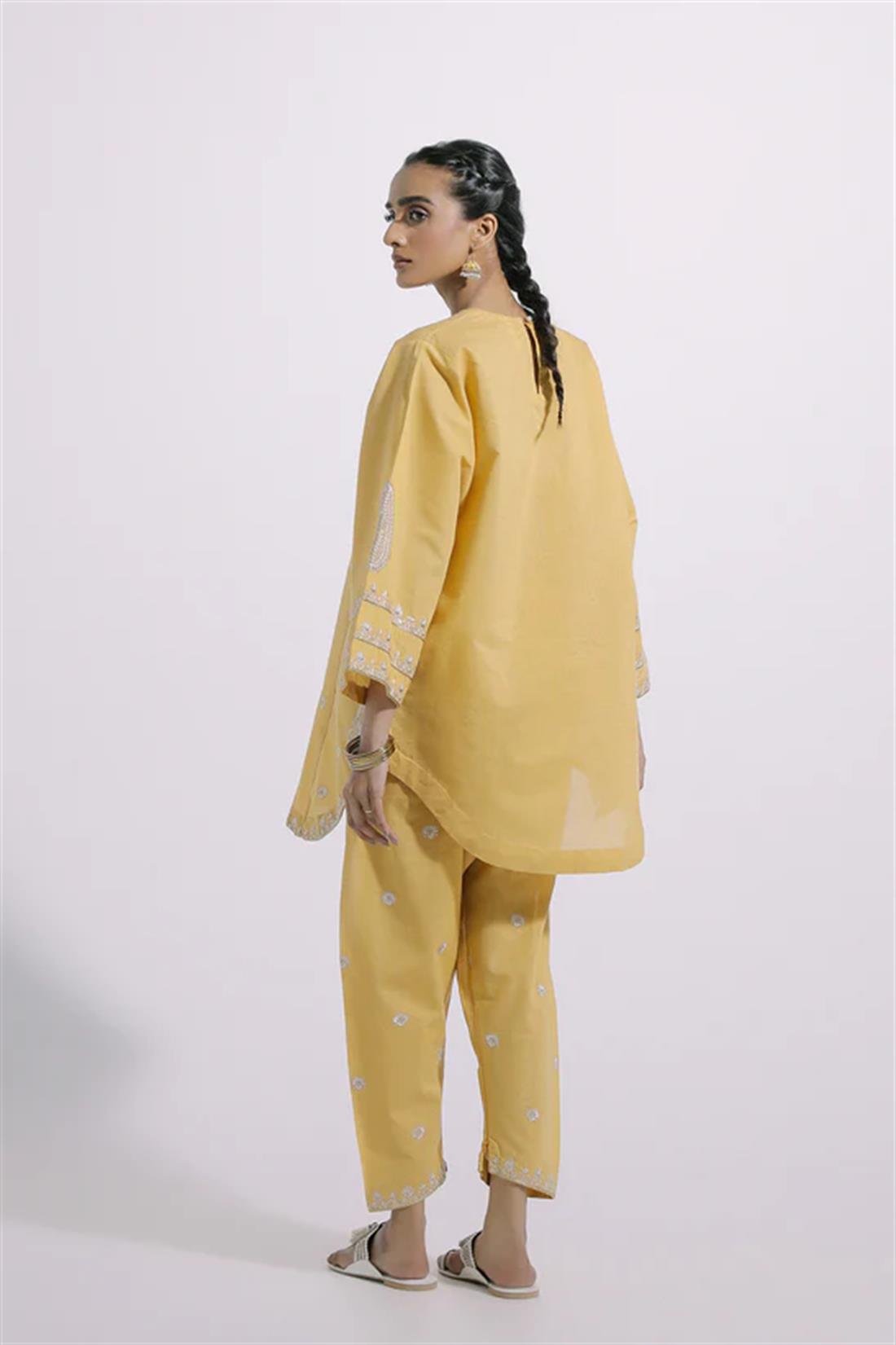 Lemon Yellow Embroidered Cotton Ethnic Designer Ladies Ready to Wear Suits