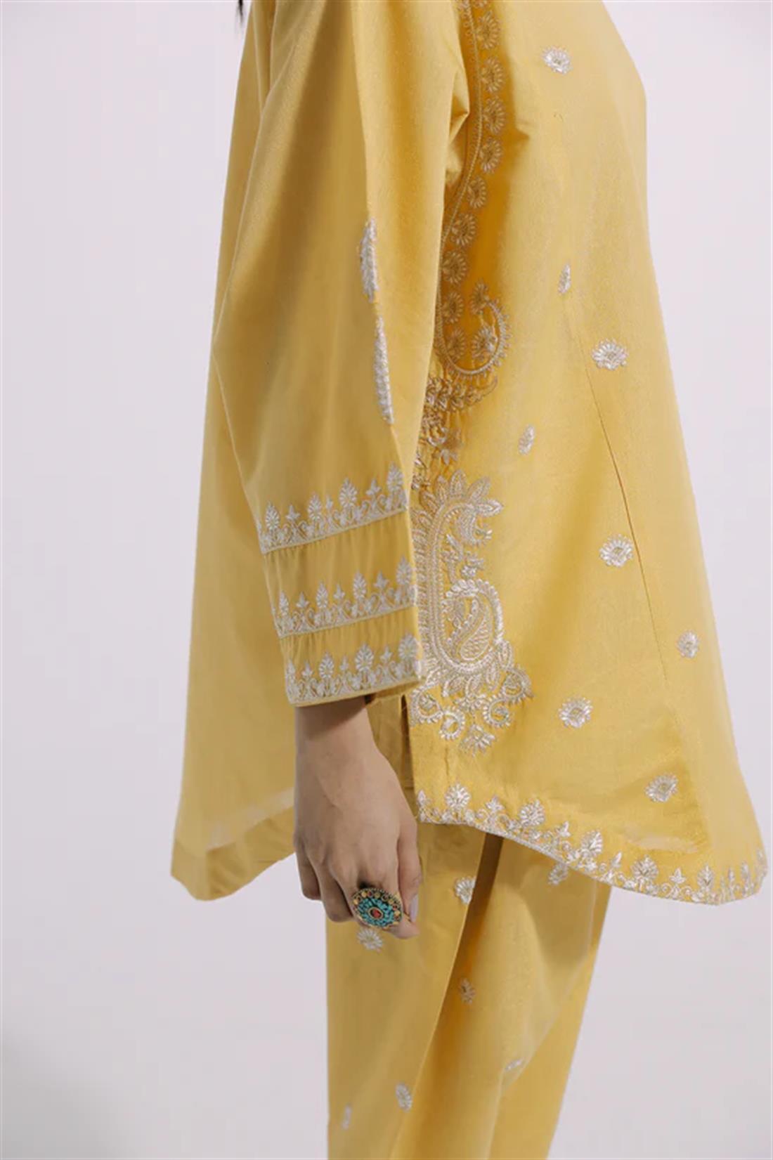 Lemon Yellow Embroidered Cotton Ethnic Designer Ladies Ready to Wear Suits