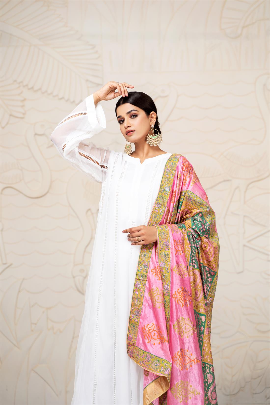White Raw Silk Chiffon Maxi Dress with Trouser & Printed Dupatta