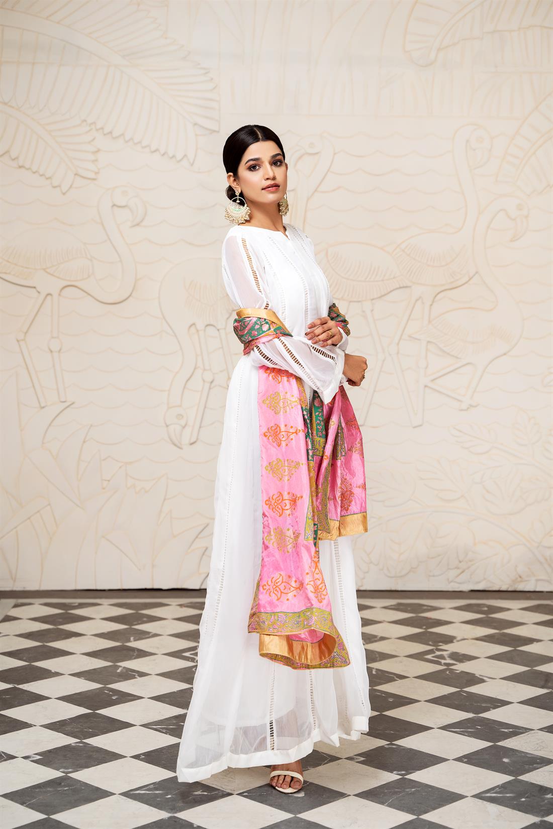White Raw Silk Chiffon Maxi Dress with Trouser & Printed Dupatta