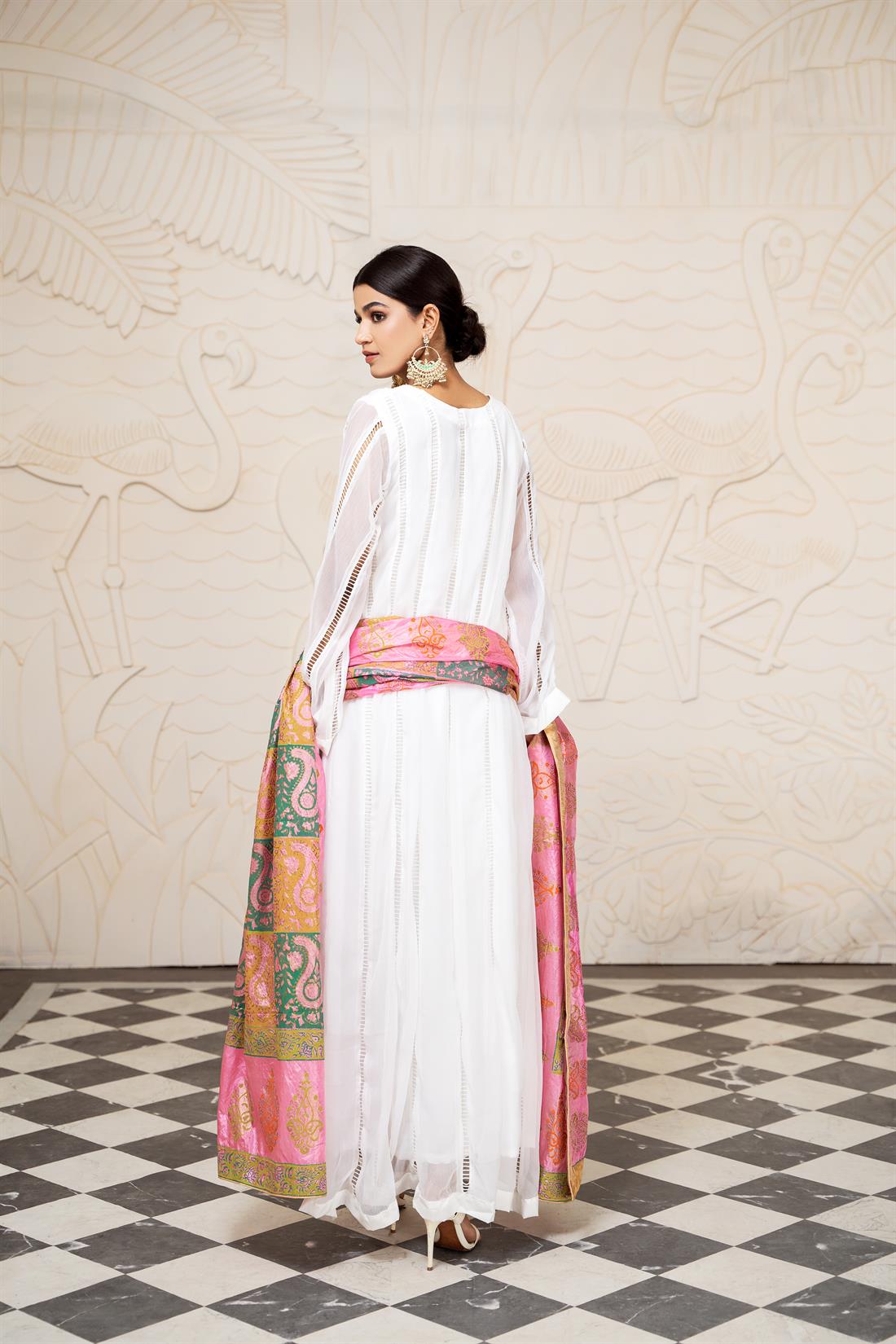 White Raw Silk Chiffon Maxi Dress with Trouser & Printed Dupatta