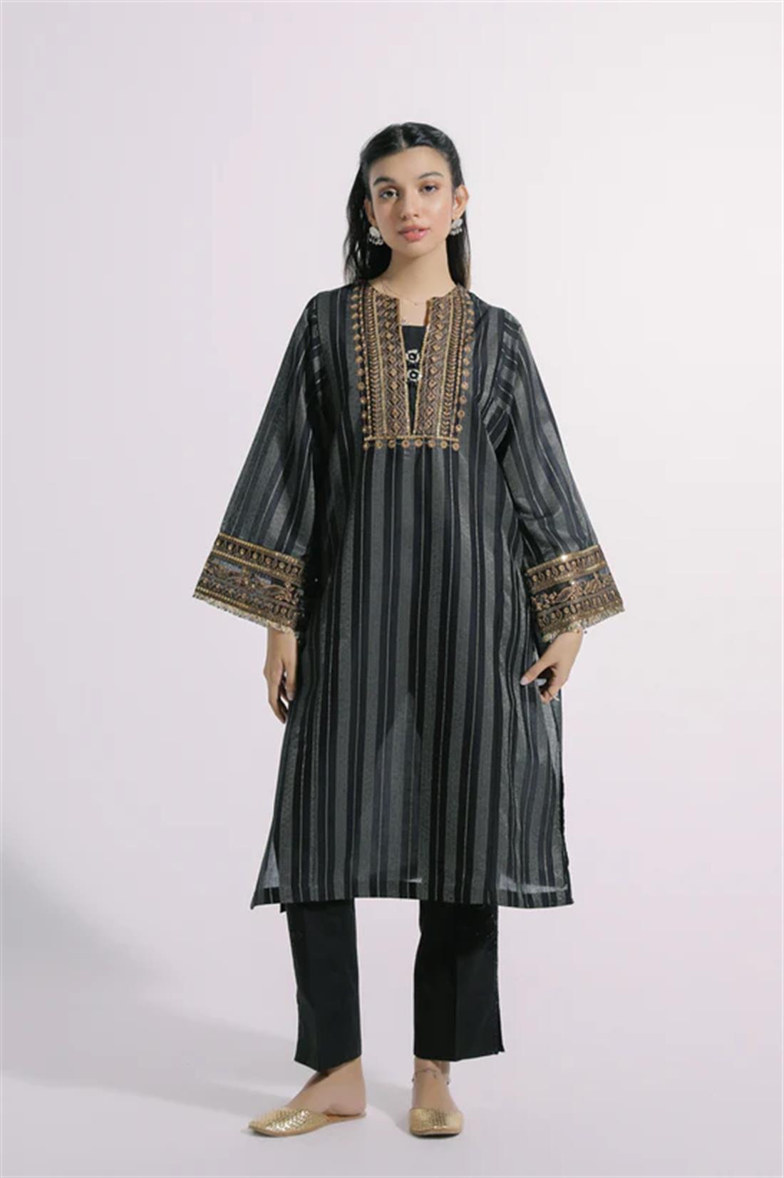 Jet Black Embroidered Jacquard Ethnic Designer Ladies Ready to Wear Suits