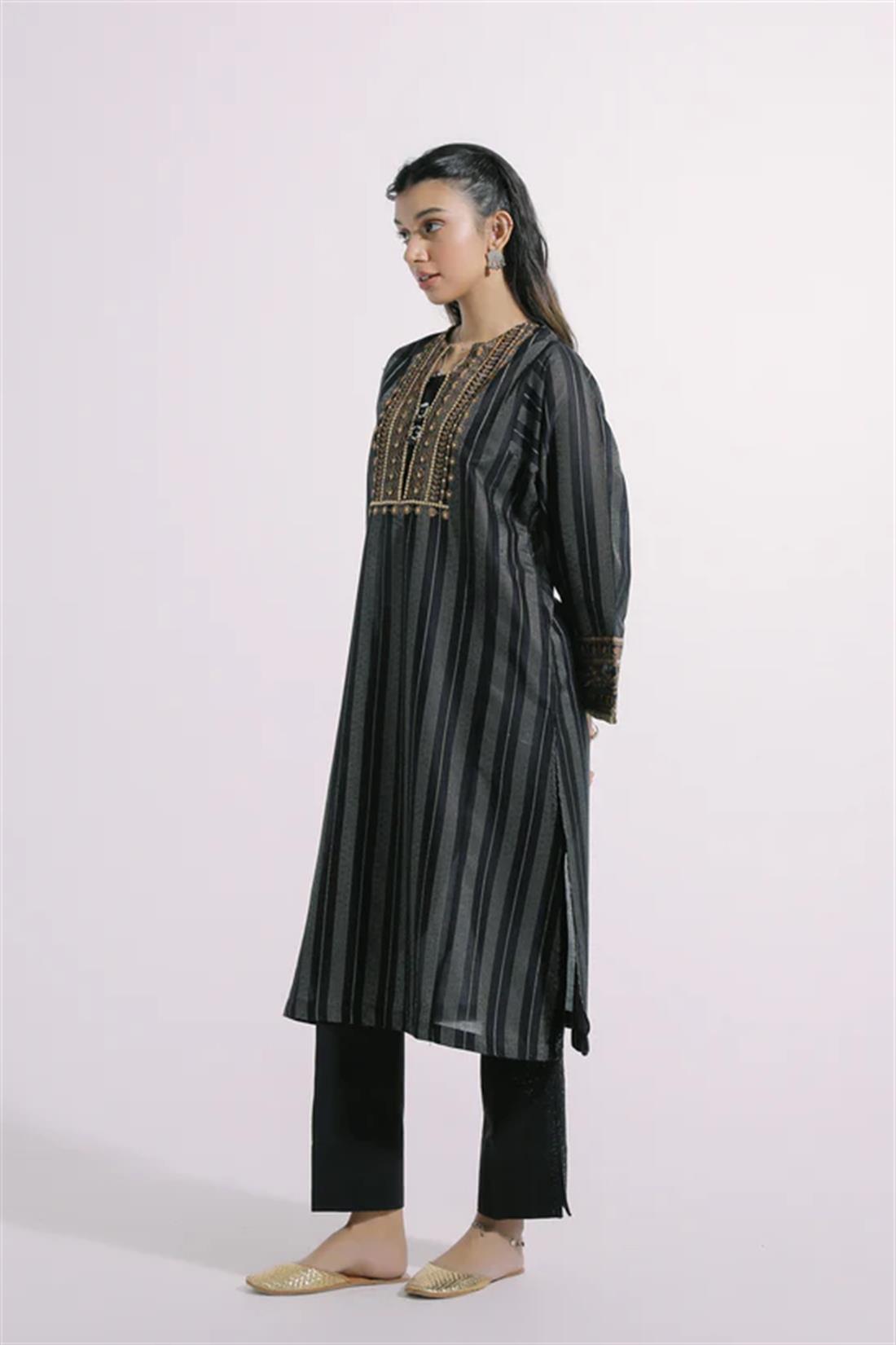 Jet Black Embroidered Jacquard Ethnic Designer Ladies Ready to Wear Suits