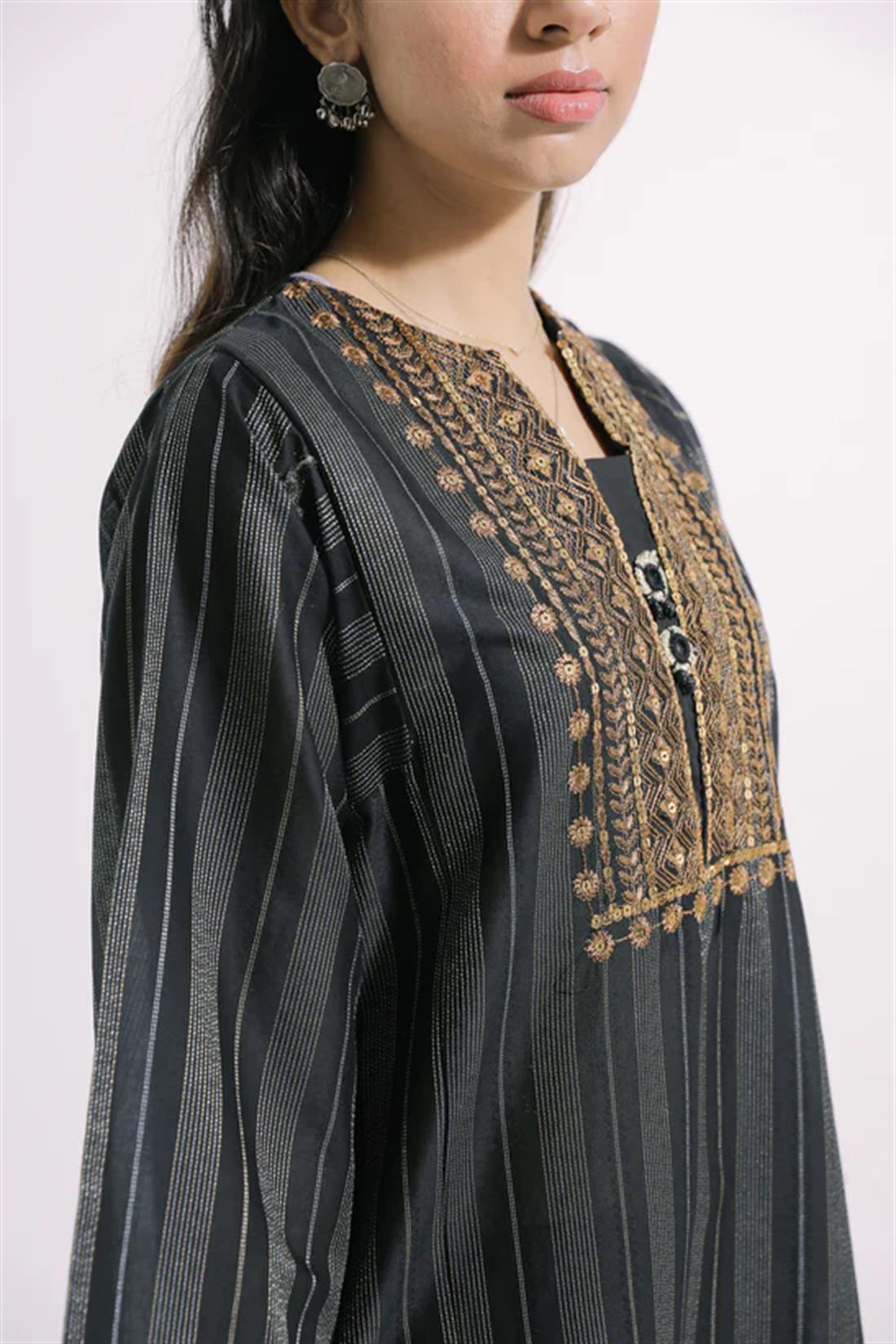 Jet Black Embroidered Jacquard Ethnic Designer Ladies Ready to Wear Suits