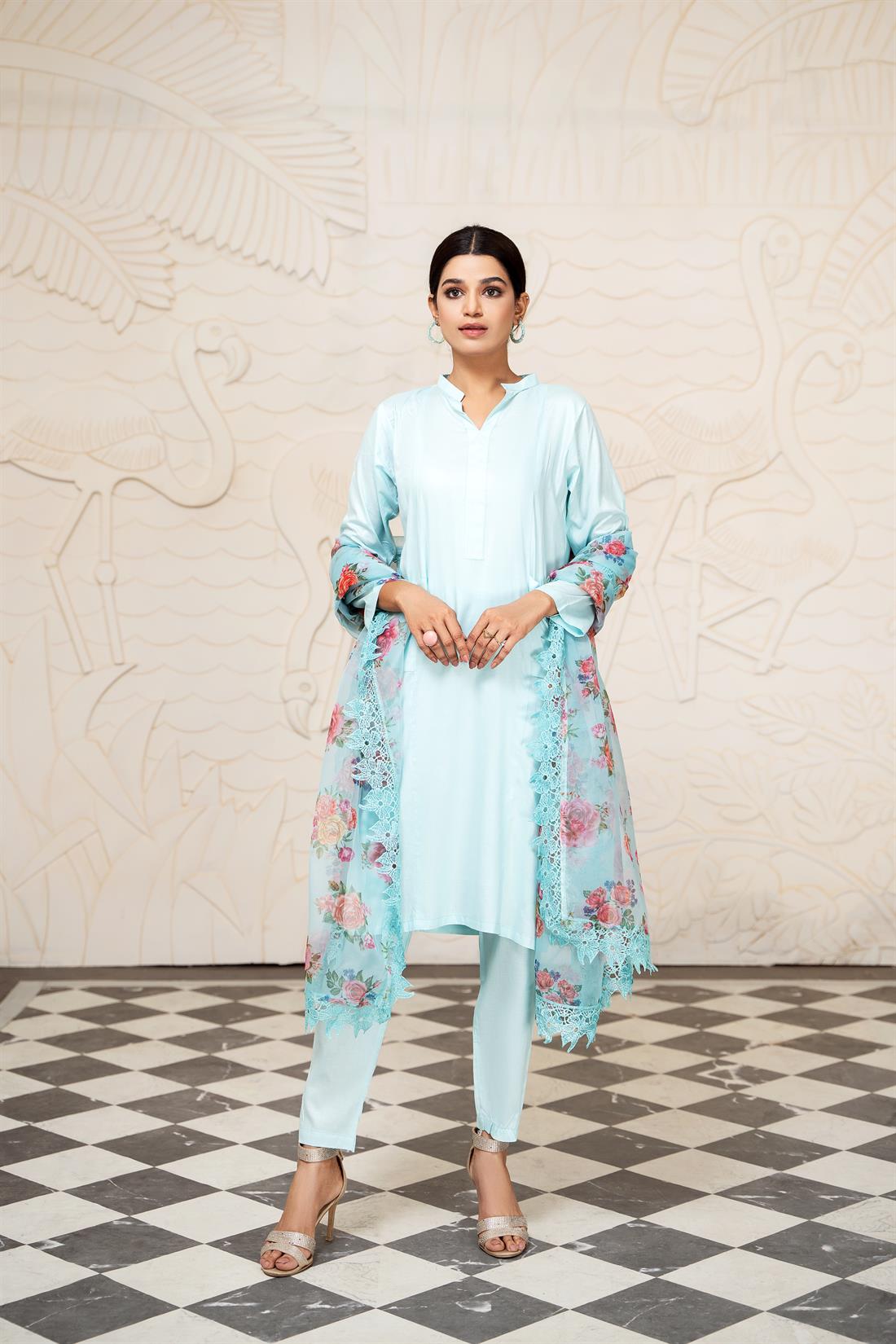 Sky Blue Linen Straight Kameez with Trouser & Organza Dupatta
