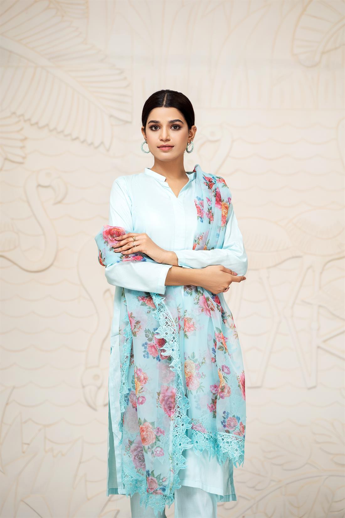 Sky Blue Linen Straight Kameez with Trouser & Organza Dupatta