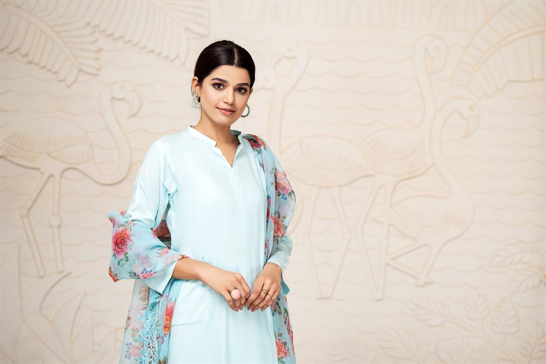 Sky Blue Linen Straight Kameez with Trouser & Organza Dupatta