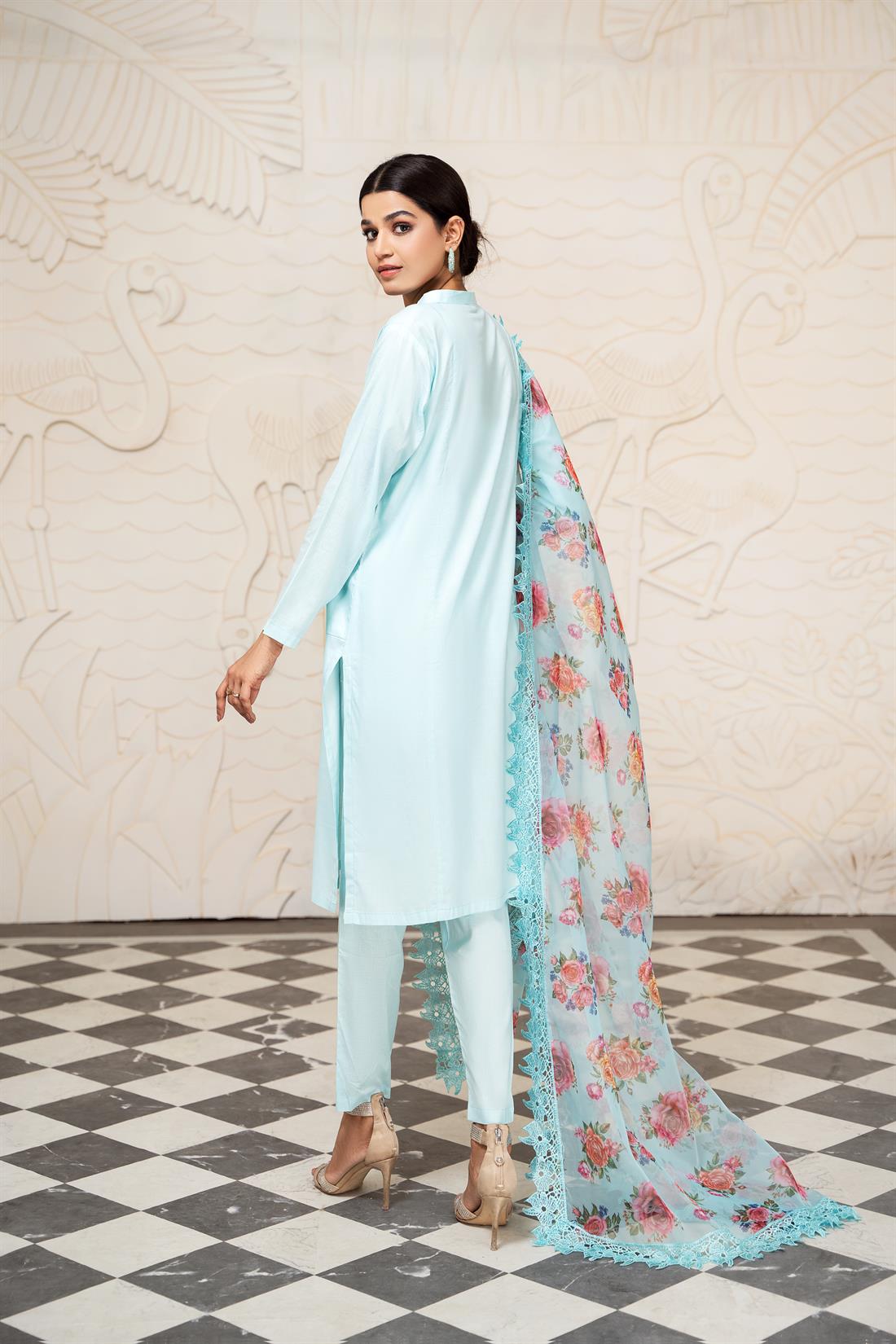 Sky Blue Linen Straight Kameez with Trouser & Organza Dupatta