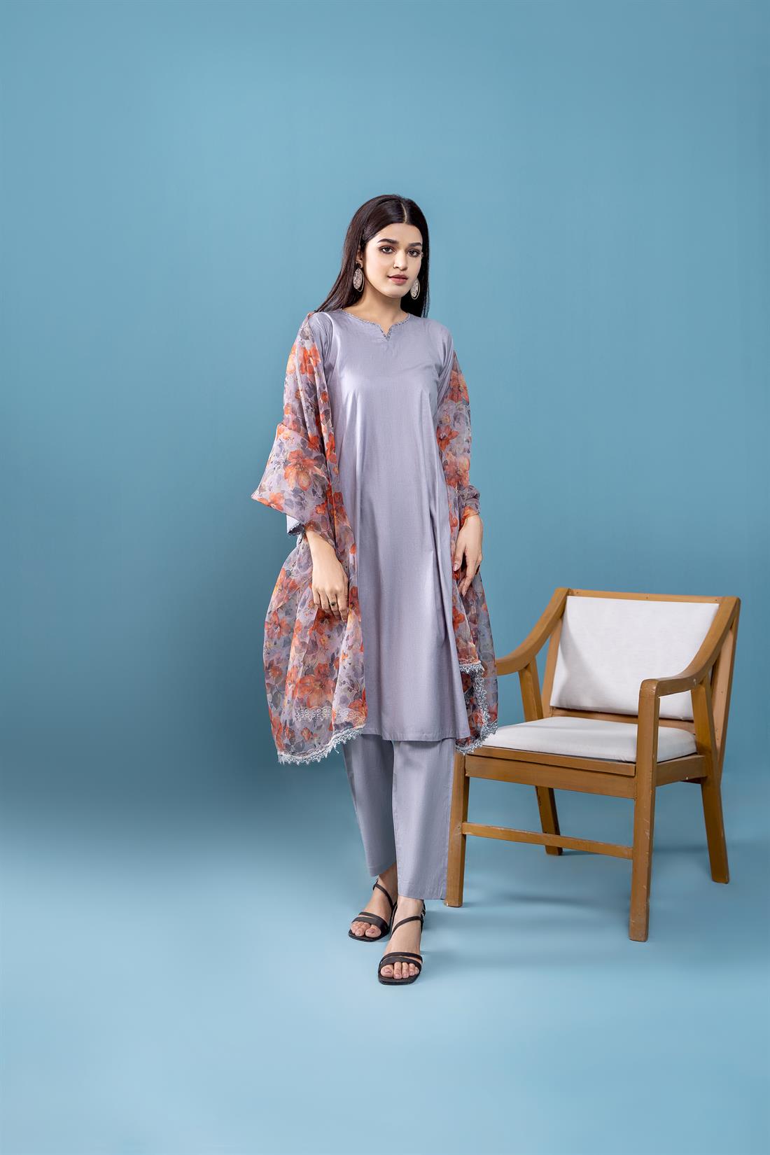 Grey Peplum Linen Frock with Trouser and Organza Dupatta