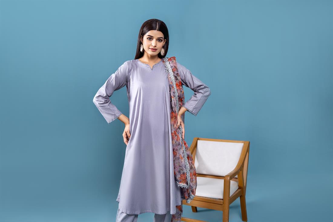 Grey Peplum Linen Frock with Trouser and Organza Dupatta