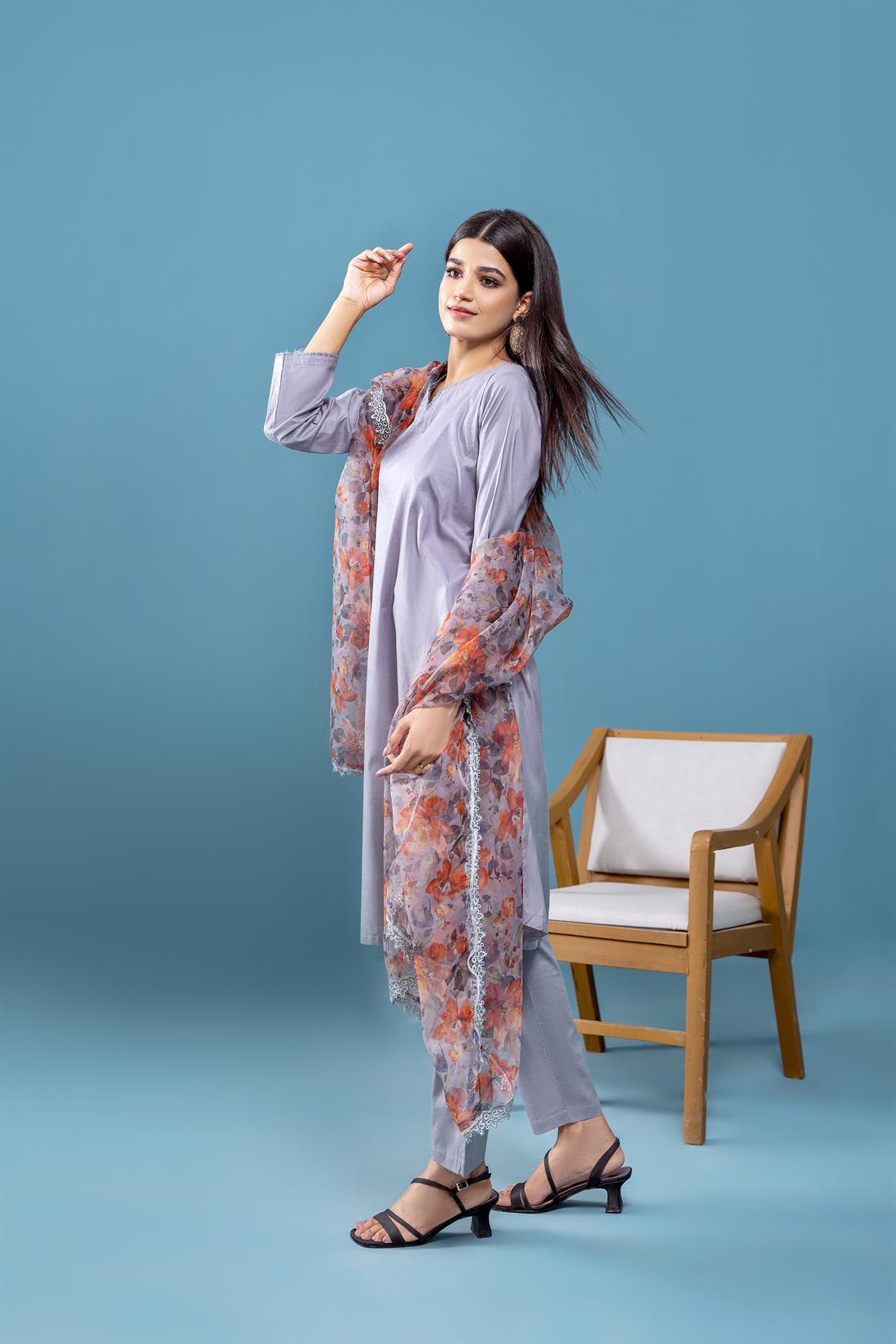 Grey Peplum Linen Frock with Trouser and Organza Dupatta