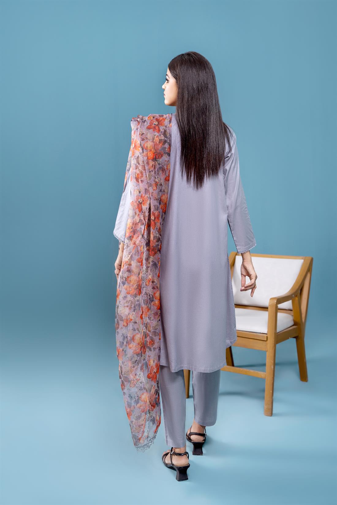Grey Peplum Linen Frock with Trouser and Organza Dupatta