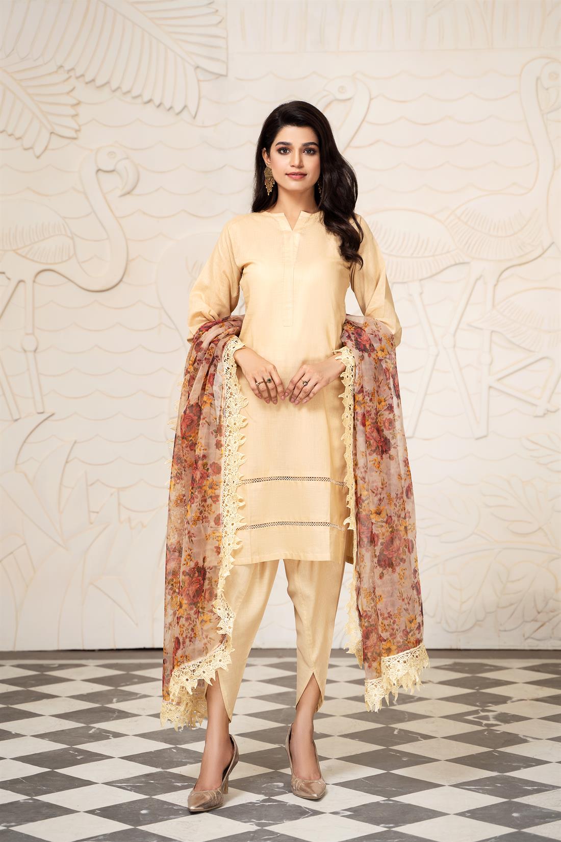 Beige Organza Linen Straight Kameez & Trouser