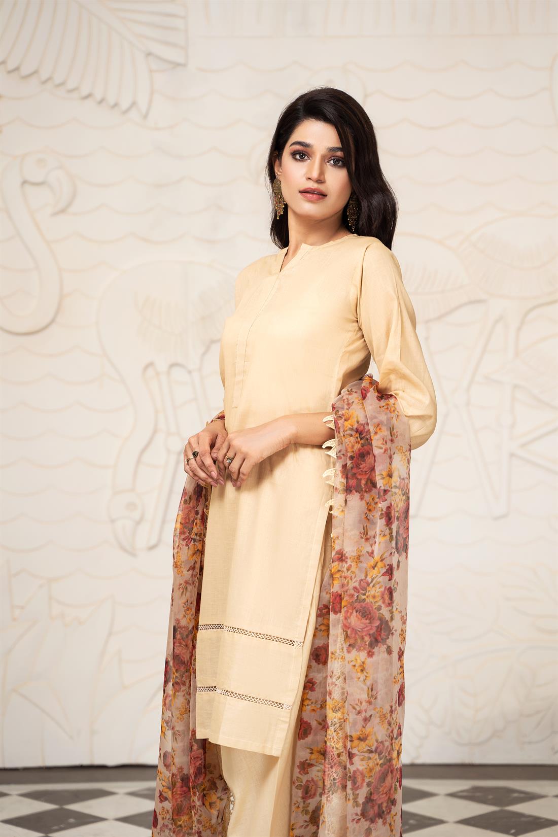 Beige Organza Linen Straight Kameez & Trouser