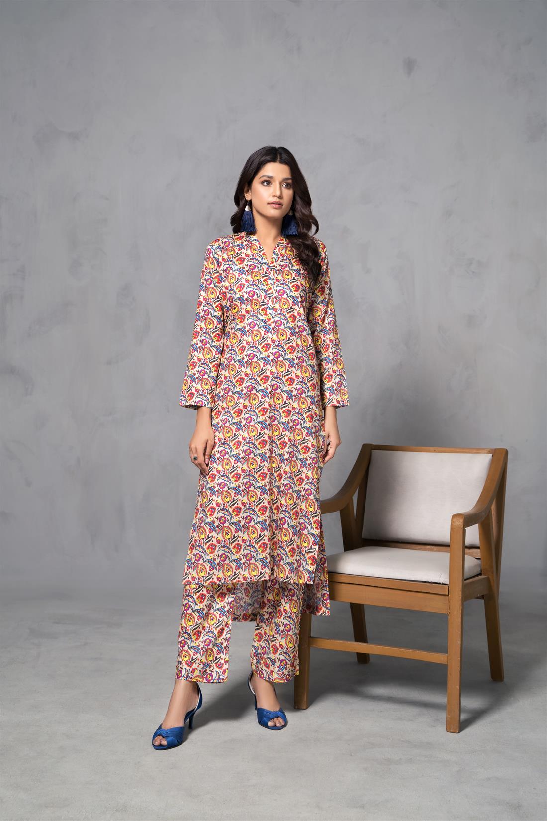 Beige & Multicolour Printed Cotton Shirt with Matching Trouser