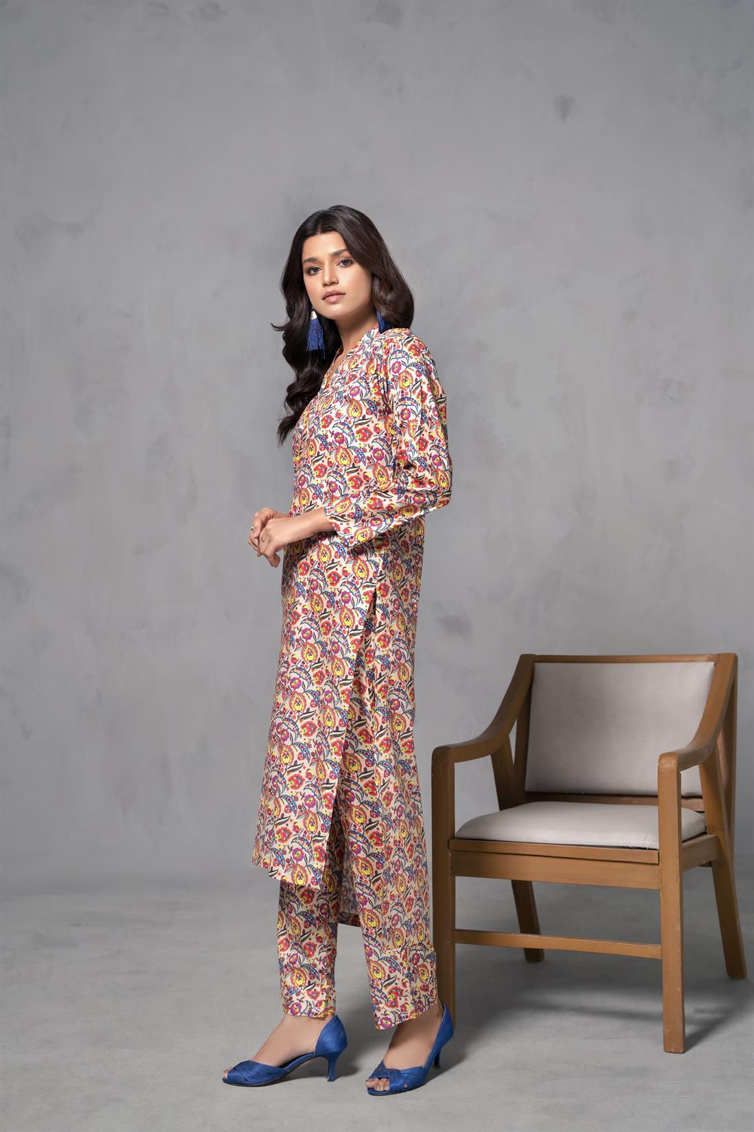 Beige & Multicolour Printed Cotton Shirt with Matching Trouser