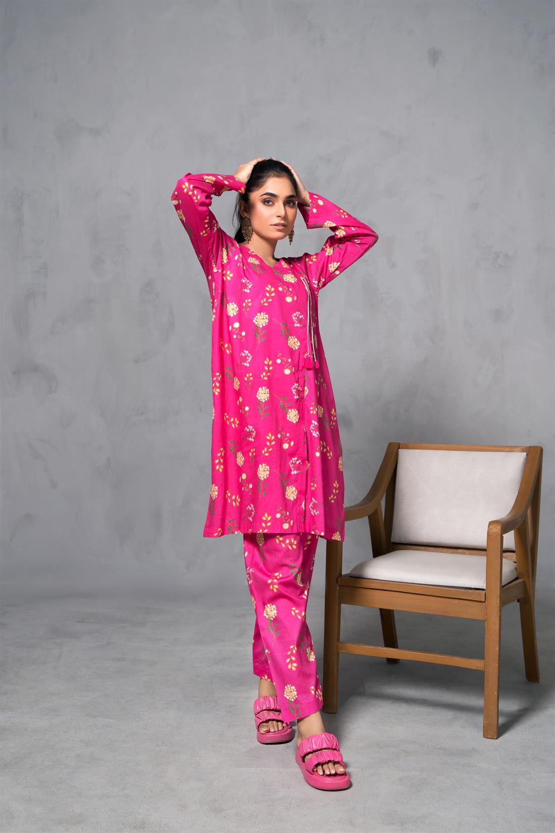 Pink Printed Cotton Trouser Suit