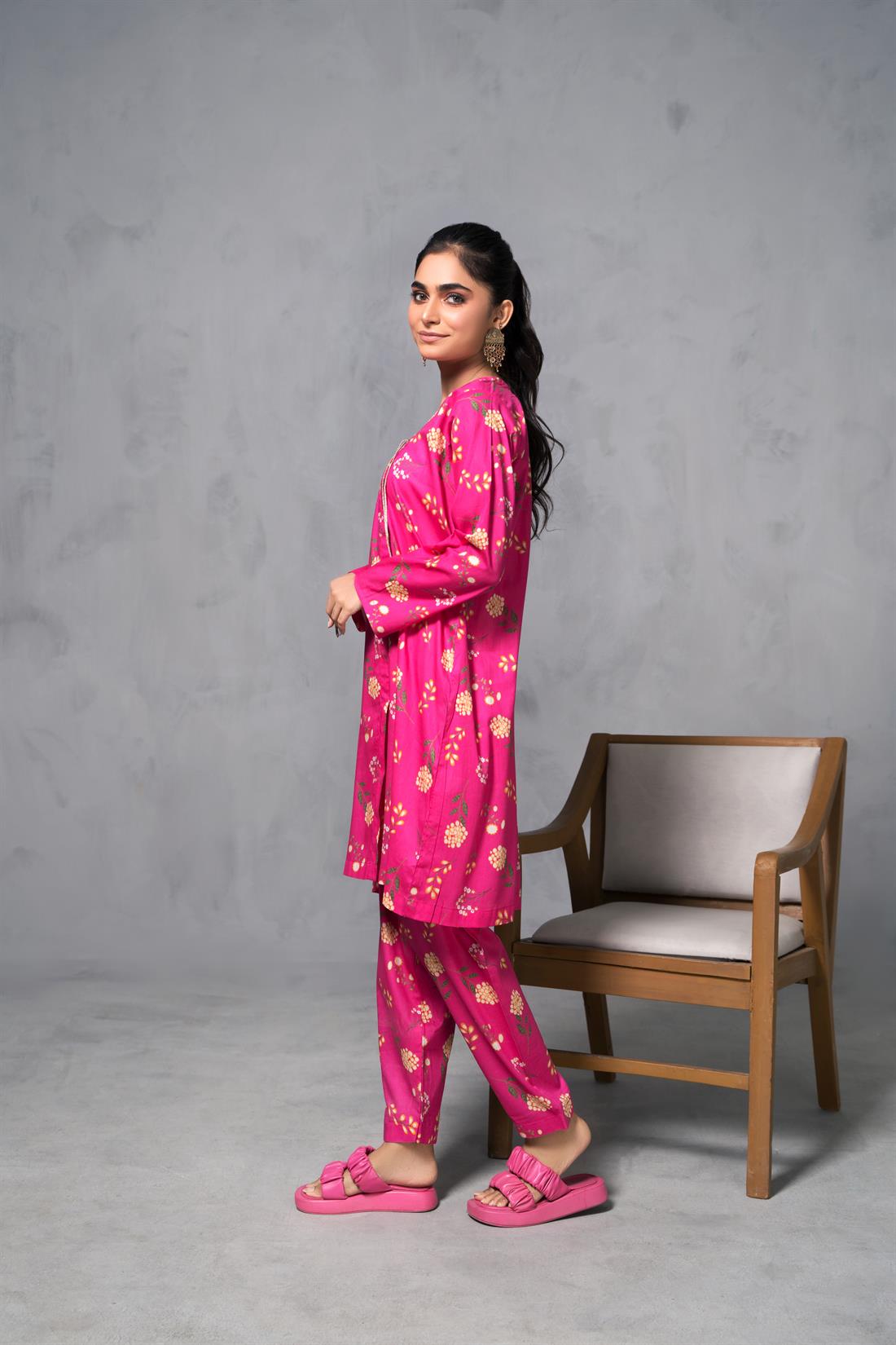 Pink Printed Cotton Trouser Suit