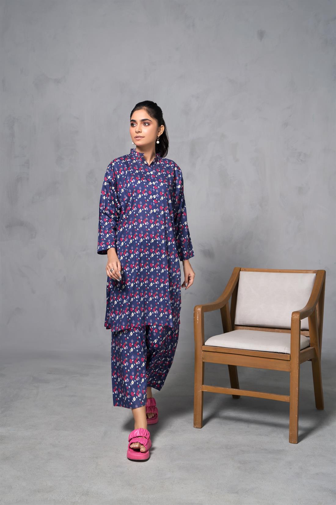 Purple Printed Cotton Shirt with Matching Trouser