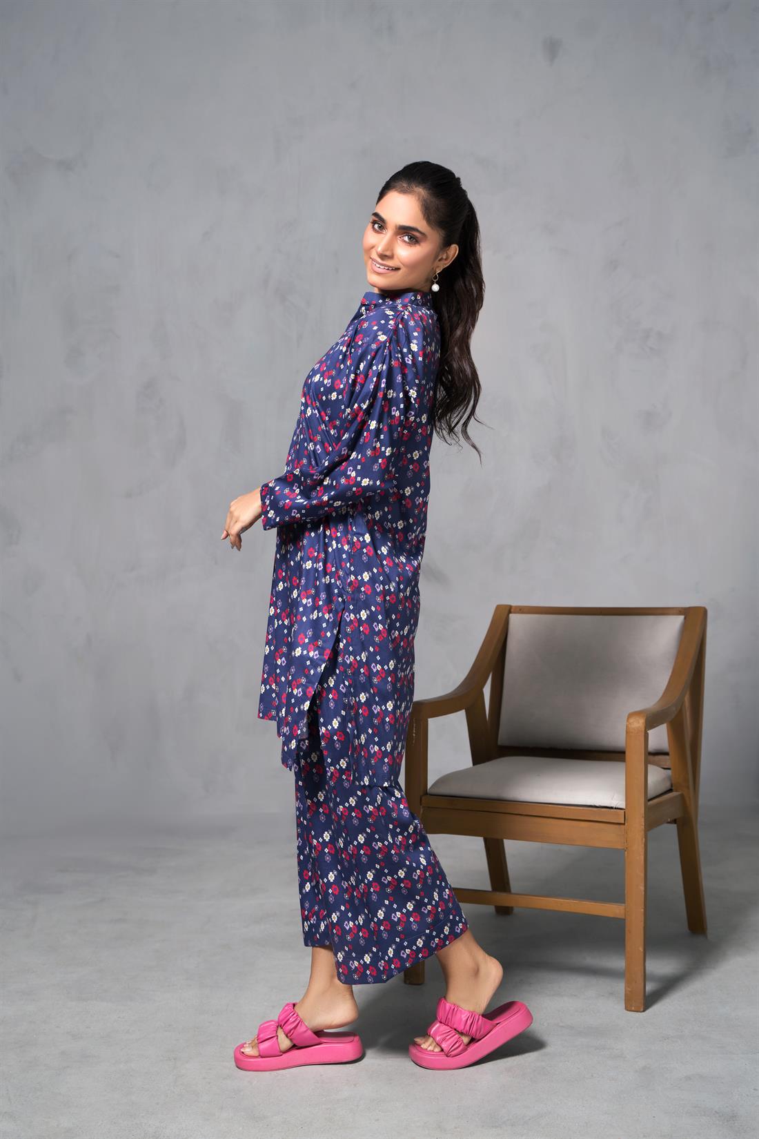 Purple Printed Cotton Shirt with Matching Trouser