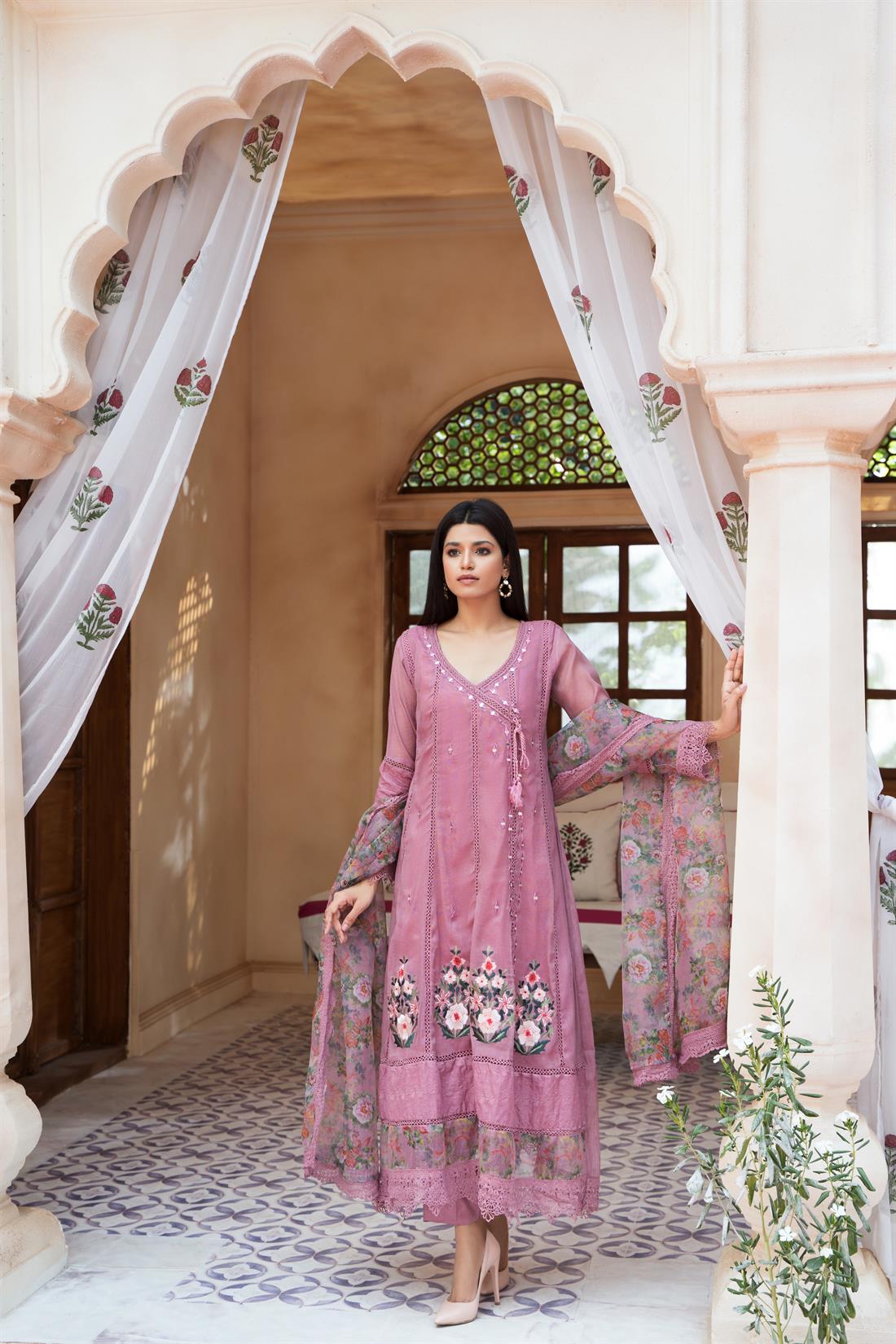 Dark Dusty Pink Mirror Work Raw Silk Angrakha Cotton Net 3 Piece Stitched Suit