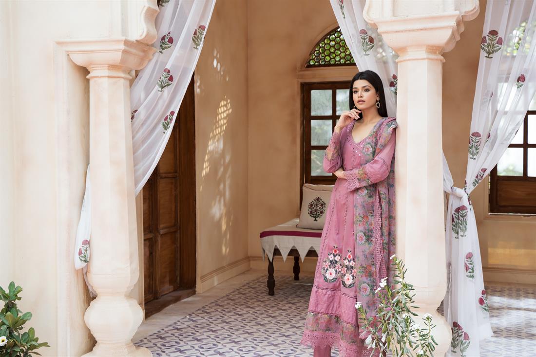 Dark Dusty Pink Mirror Work Raw Silk Angrakha Cotton Net 3 Piece Stitched Suit