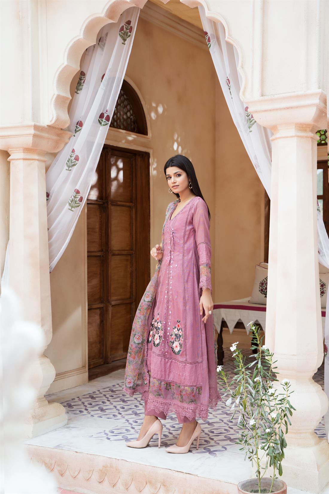 Dark Dusty Pink Mirror Work Raw Silk Angrakha Cotton Net 3 Piece Stitched Suit