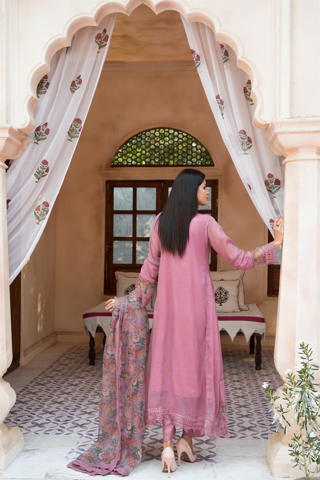Dark Dusty Pink Mirror Work Raw Silk Angrakha Cotton Net 3 Piece Stitched Suit