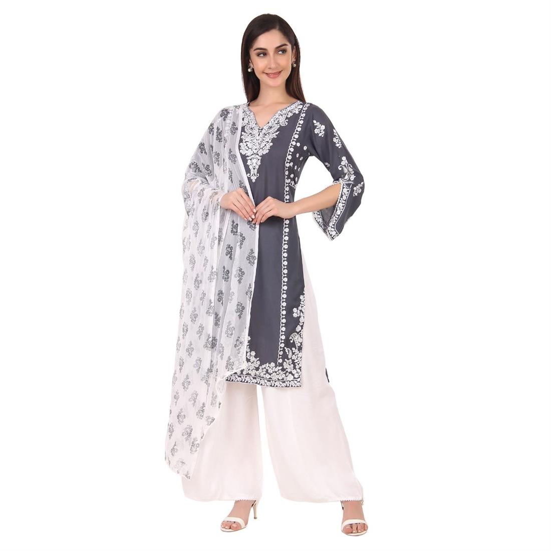Steel Grey Chiffon Palazzo Cotton Linen Kameez with Thread Embroidery