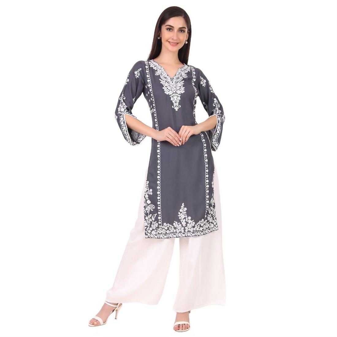 Steel Grey Chiffon Palazzo Cotton Linen Kameez with Thread Embroidery