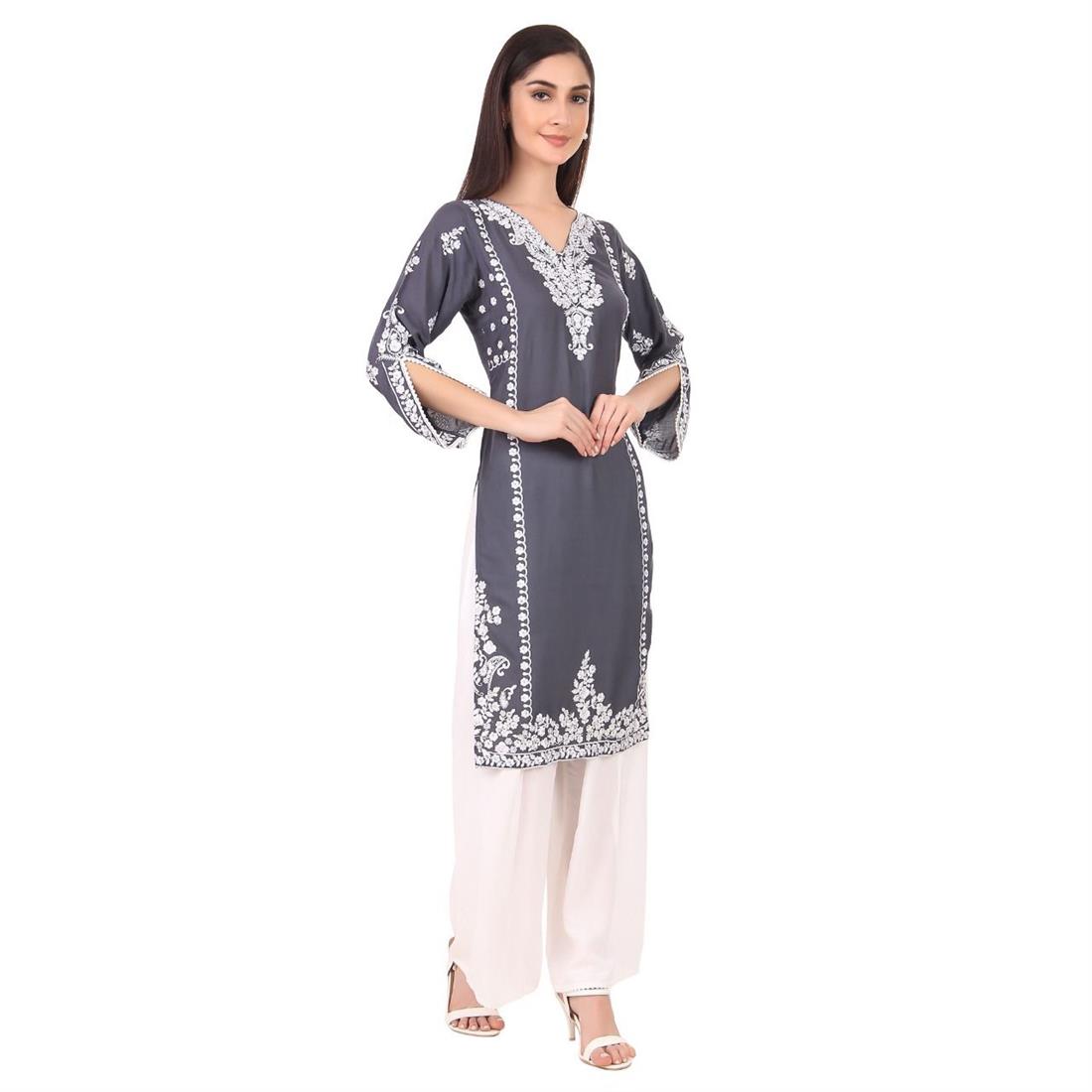 Steel Grey Chiffon Palazzo Cotton Linen Kameez with Thread Embroidery